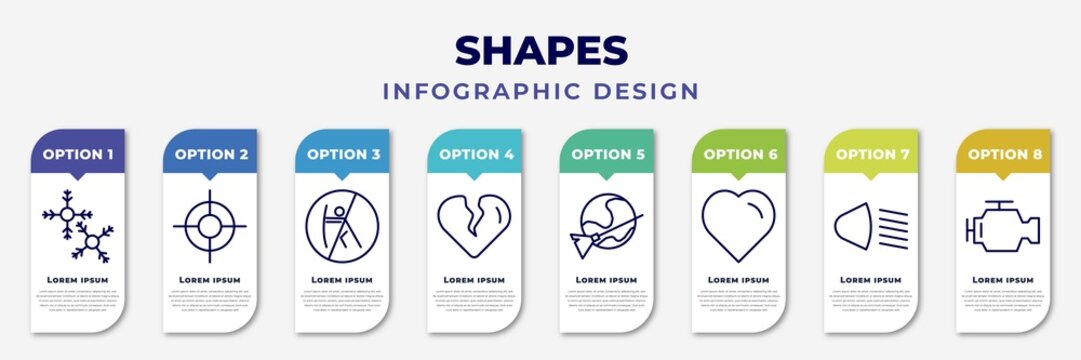 infographic template with icons and 8 options or steps. infographic for shapes concept. included two snow flakes, focus button, no push, broken heart, moon and broom, black heart, low beam,