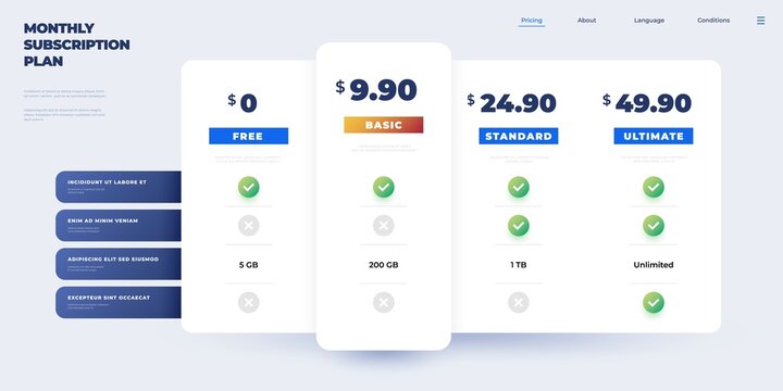 Price Plan. Comparison Table Infographic, Monthly Subscriptions Checklist With Options And Advantages. Vector Modern Feature Spreadsheet Template