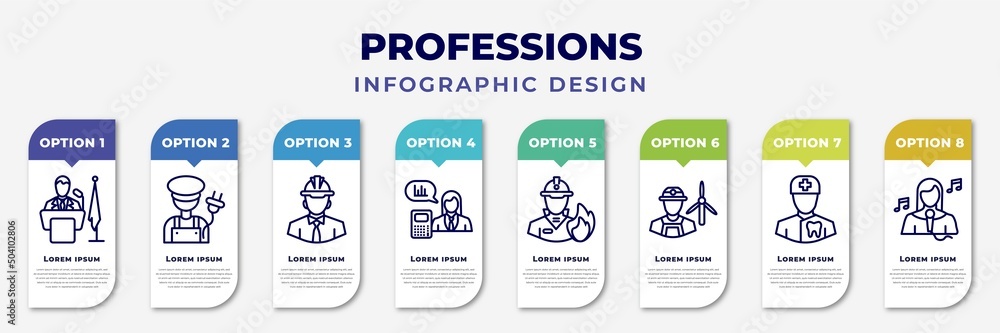 Aufkleber infographic template with icons and 8 options or steps. infographic for professions concept. include