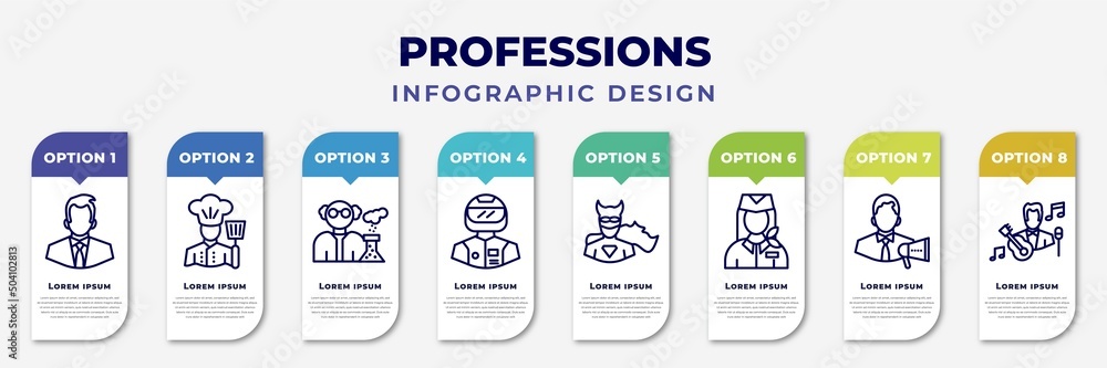 Aufkleber infographic template with icons and 8 options or steps. infographic for professions concept. include