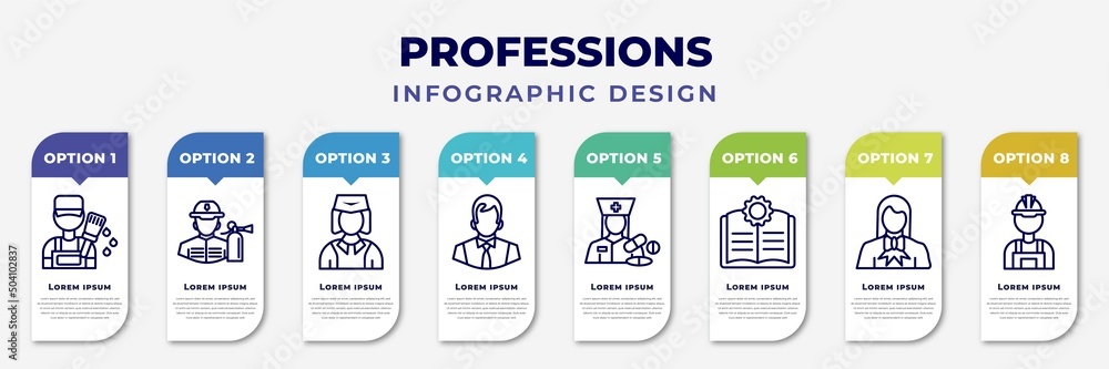 Aufkleber infographic template with icons and 8 options or steps. infographic for professions concept. include