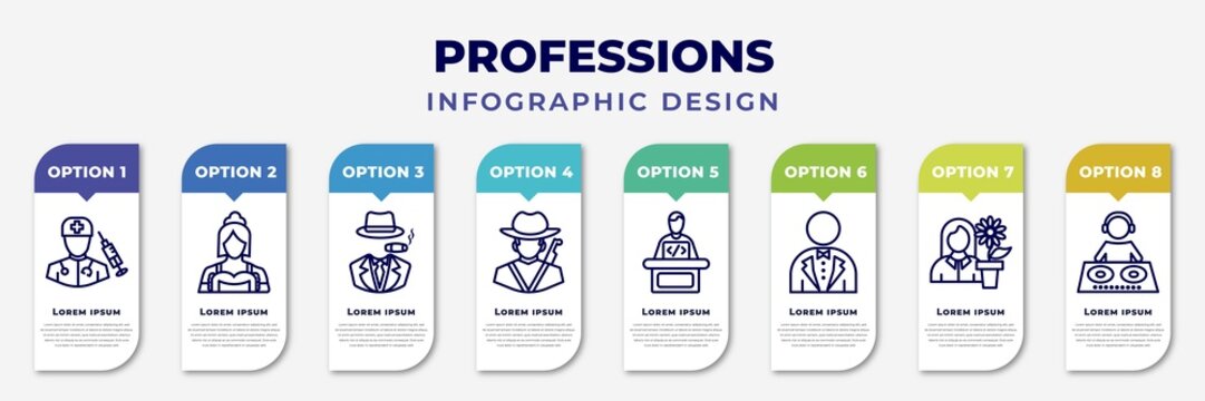 infographic template with icons and 8 options or steps. infographic for professions concept. included surgeon, maid, mafia, hunter, software developer, butler, florist, dj editable vector.