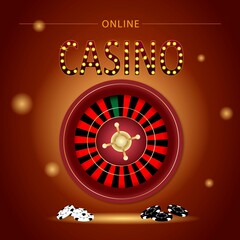 Casino banner. With roulette, slots and poker chips