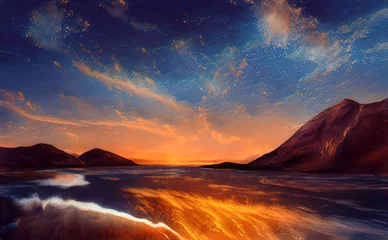 Poster Zonsopgangzonsondergang in bergen, fabelachtig landschap van bergpieken. Stralen van de zon verlichten de hellingen van de bergen. Magische natuur, illustratie © Mars0hod