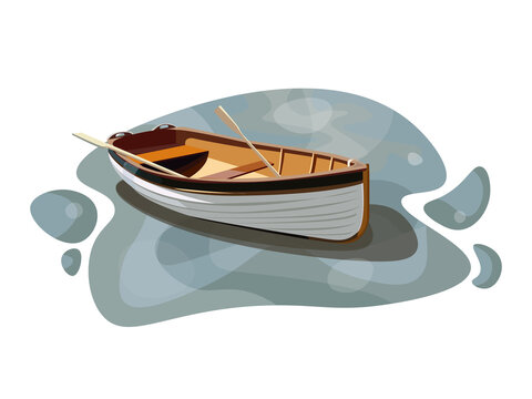 Fishing white wooden boat with oars on the water of a lake or sea.
