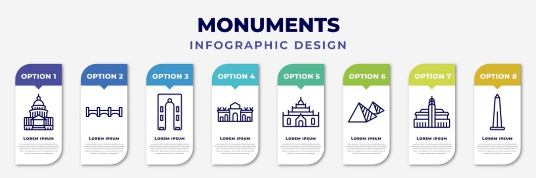 infographic template with icons and 8 options or steps. infographic for monuments concept. included united states capitol, bridge of the west, ejer baunehoj, alcala gate, thatbyinnyu temple,