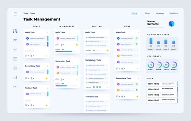Task manager. Planner and organizer application dashboard UI with task performance process, time management web app. Vector template