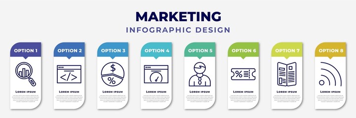 infographic template with icons and 8 options or steps. infographic for marketing concept. included analyze, webcode, margin, velocity test, salesman, coupon, flyer, rss editable vector.