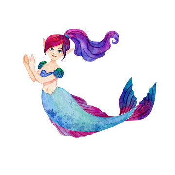 Pretty mermaid with purple hair and green tail. Watercolor cartoon character isolated on white background. Print for t-shirt, apparel, posters, postcards, invitation cards, baby shower and interior.