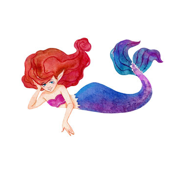 Red-haired mermaid with purple tail cartoon character . Watercolor illustration isolated on white background. Print for t-shirt, apparel, posters, postcards, greeting cards, baby shower.