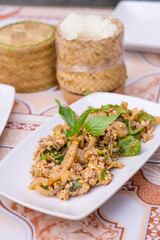 Most of favorite Northeast Thailand food is 
spicy minced pork salad (larb Isan or pork larb)