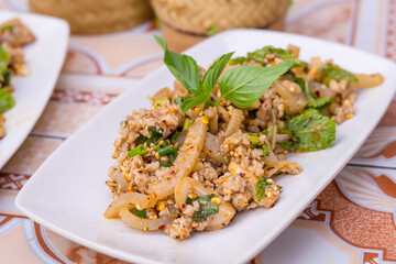 Most of favorite Northeast Thailand food is 
spicy minced pork salad (larb Isan or pork larb)