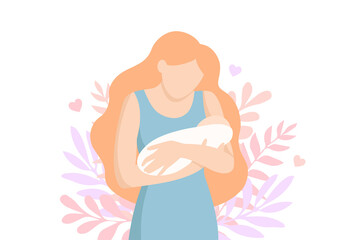 Mother holds the baby in her arms. Health, care, maternity parenting. Vector illustration isolated on white background in trendy flat style.