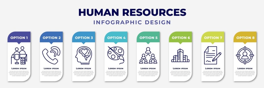 Infographic Template With Icons And 8 Options Or Steps. Infographic For Human Resources Concept. Included Interview, Call, Emotional Intelligence, Art, Company Structure, Company, Contract, Target