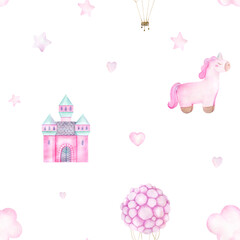 Watercolor baby seamless pattern with toy pink unicorn, hot air balloon, clouds and stars