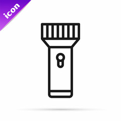Black line Flashlight for diver icon isolated on white background. Diving underwater equipment. Vector