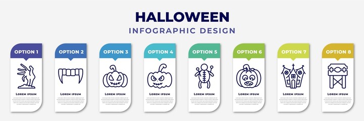 infographic template with icons and 8 options or steps. infographic for halloween concept. included zombie hand, vampire teeth, pumpkin lantern, american, doll, pumpkins lantern, haunted house,
