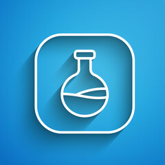 White line Test tube and flask chemical laboratory test icon isolated on blue background. Laboratory glassware sign. Long shadow. Vector