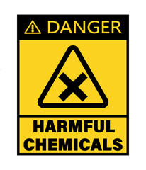 Harmful chemicals, warning sign with yellow triangle, symbols and text .