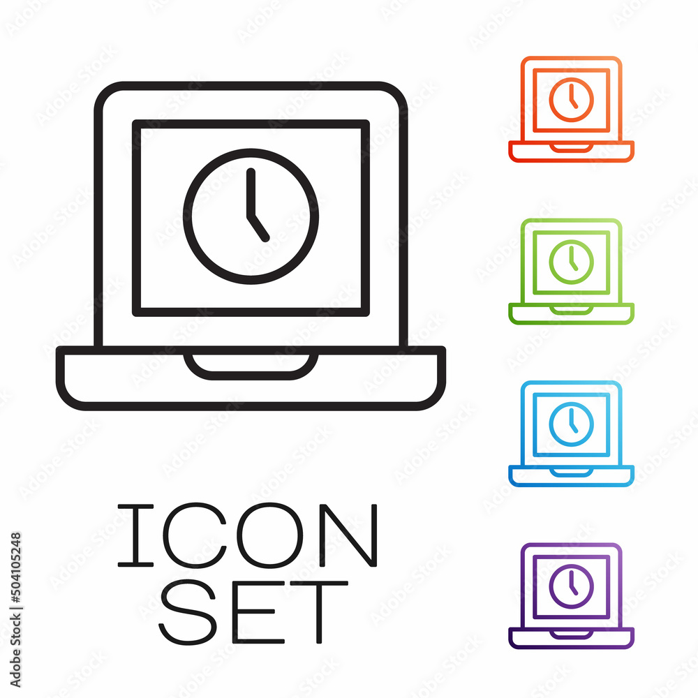 Poster black line laptop time icon isolated on white background. computer notebook with empty screen sign. 