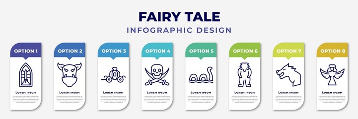 infographic template with icons and 8 options or steps. infographic for fairy tale concept. included stained glass, ogre, cinderella carriage, jolly roger, loch ness monster, yeti, werewolf, harpy - obrazy, fototapety, plakaty