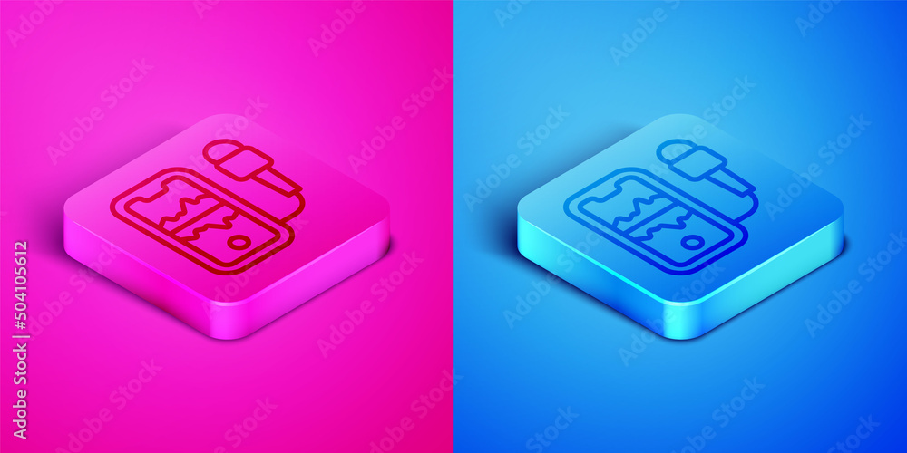 Poster Isometric line Mobile recording icon isolated on pink and blue background. Mobile phone with microphone. Voice recorder app smartphone interface. Square button. Vector
