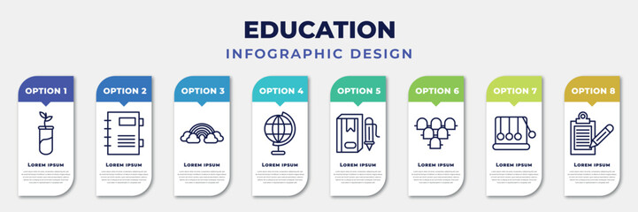 Fototapeta premium infographic template with icons and 8 options or steps. infographic for education concept. included plant sample, agenda with bookmarks, basic rainbow, classroom globe, book with marker, grandstand,