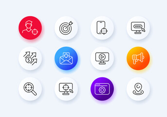 Infographic set icon. Target, arrow, phone, mail, chart, target audience, growth, profit, share, etc. Targeted advertising concept. Neomorphism style. Vector line icon for Business and Advertising