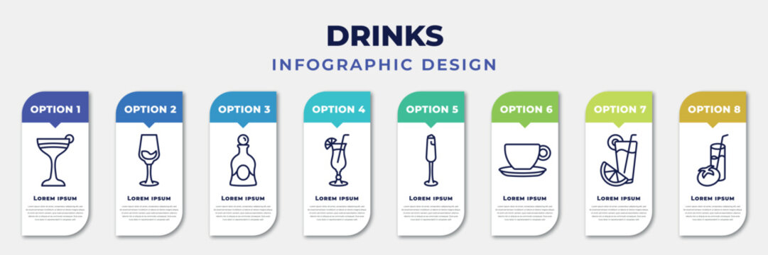 infographic template with icons and 8 options or steps. infographic for drinks concept. included flirtini, glass with wine, liquor, tropical itch, french 75, espresso, greyhound drink, tomato juice