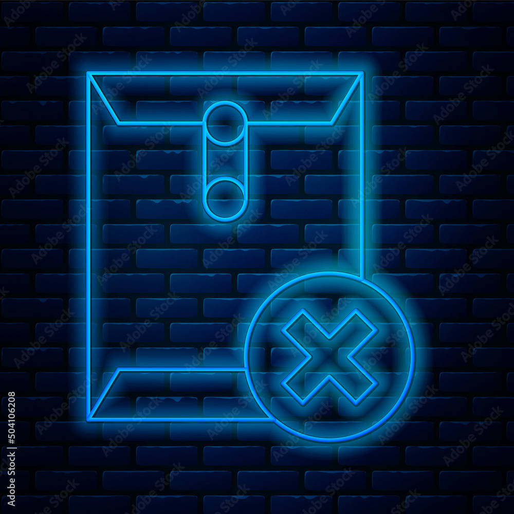Poster glowing neon line delete envelope icon isolated on brick wall background. delete or error letter. cr