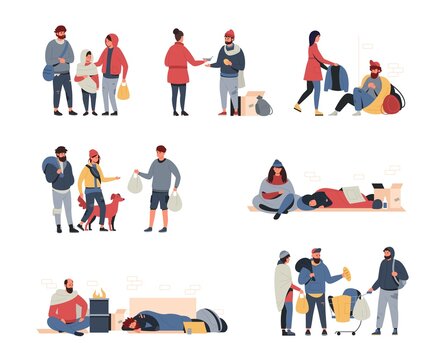 Homeless people. Cartoon poor family, hungry and dirty child man and woman begging and looking for food and shelter. Vector persons of poverty set
