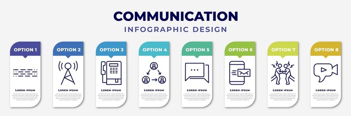 infographic template with icons and 8 options or steps. infographic for communication concept. included morse code, radio antenna, public phone, people connection, talking, mobile with envelope, - obrazy, fototapety, plakaty