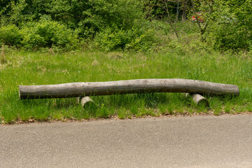 Nature bench made from a wooden trunk in the meadow