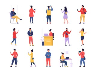 People with gadgets. Cartoon men and women with laptop, smartphone, tablet, and other smart devices. Vector set