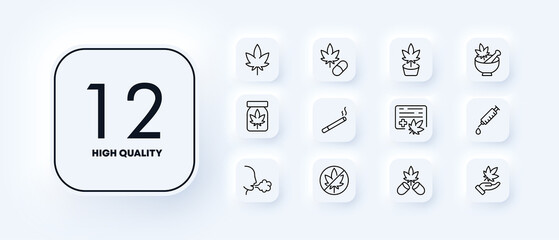 Drugs set icon. Smoking, injection, cultivation, prohibition and legalization of drugs. Bad habits concept. Neomorphism style. Vector line icon for Business and Advertising