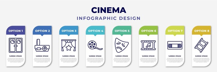 infographic template with icons and 8 options or steps. infographic for cinema concept. included doorway, slide projector, premiere, movie reel, tragedy, soundtrack, vhs, filmstrip editable vector.
