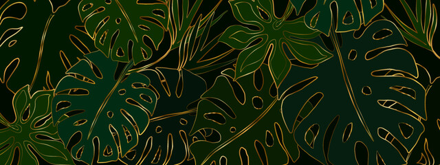 Banner filled with contour gold monstera and palm leaves. Luxurious vegetable green and gold background