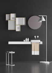 3d Illustration Bathroom on a black wall with  a mirror and decorative details such as small paintings. Lacquered stool and floor lamp. Washbasin with towels