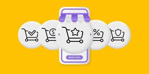 Shopping cart set icon. Check mark, star, dollar, money, percentage, protection. Order concept. UI phone app screens with people. Vector line icon for Business and Advertising