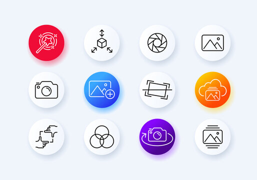 Camera set icon. Zoom, lens, photo enhancement, gallery, frame, crop, etc. Media concept. Neomorphism style. Vector line icon for Business and Advertising
