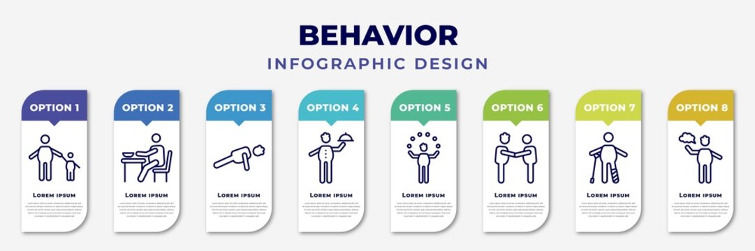 Infographic Template With Icons And 8 Options Or Steps. Infographic For Behavior Concept. Included Child With Man, Man Eating, Stick Man Push Up, Waiter With Food Tray, Circus Two Men Meeting,