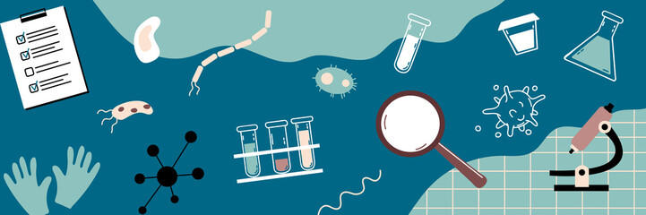 Banner with objects of laboratory tests and medical equipment. Microscope, test tubes, bacteria. Study and analysis of viruses and diseases. Vector background - obrazy, fototapety, plakaty