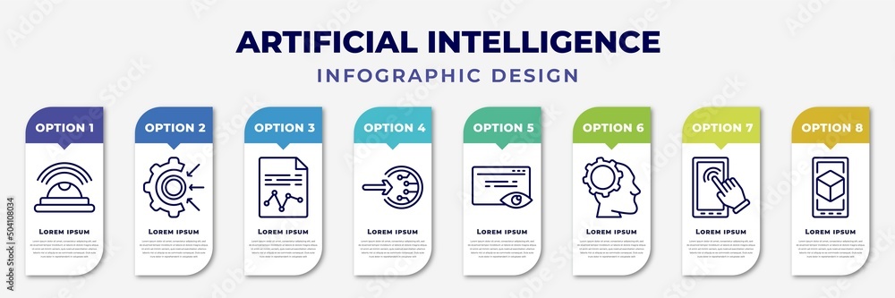 Aufkleber infographic template with icons and 8 options or steps. infographic for artificial intelligence conc