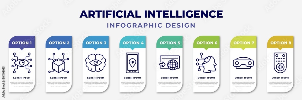 Aufkleber infographic template with icons and 8 options or steps. infographic for artificial intelligence conc