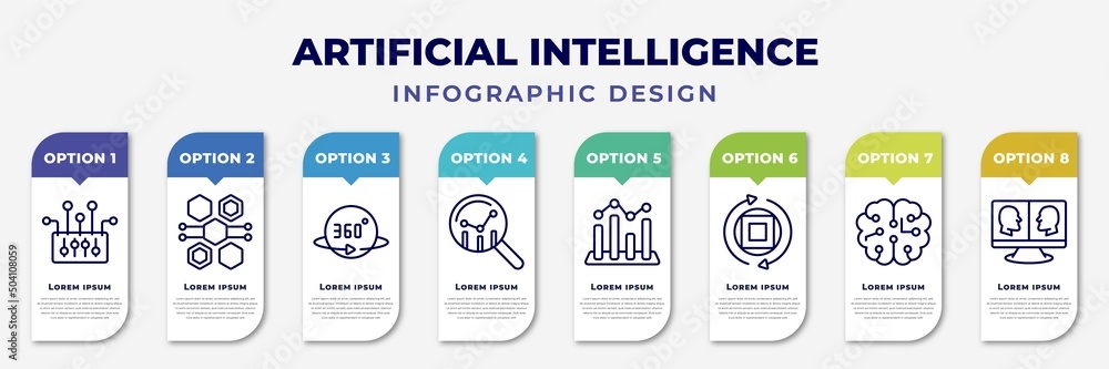 Aufkleber infographic template with icons and 8 options or steps. infographic for artificial intelligence conc