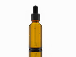30 ml. Skincare or cosmetic container, clear shiny brown glass bottle with black dropper, straight front view on white background.
