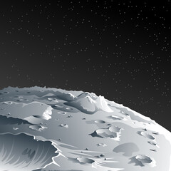 Lunar surface with craters and mountains. Vector Moon landscape view in space.