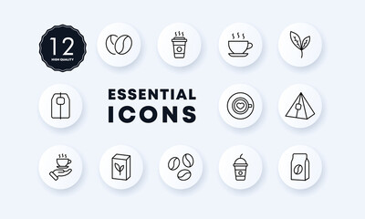 Cofee break set icon. Coffee, drink, plant, tea bag, grains, mug, cocktail, americano, cappuccino, etc. Beverage concept. Neomorphism style. Vector line icon for Business and Advertising