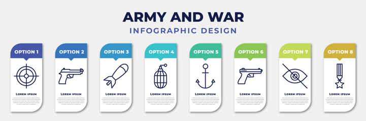 Fototapeta na wymiar infographic template with icons and 8 options or steps. infographic for army and war concept. included gun shooting, pistol, airplane bomb, whizbang with rong, naval, , stealth, militaty medal