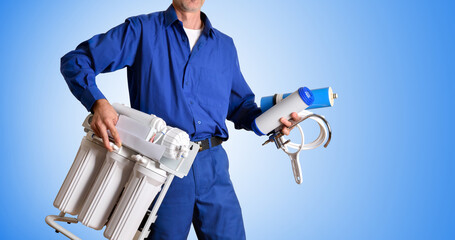 Technician smiling with osmosis equipment and isolated background